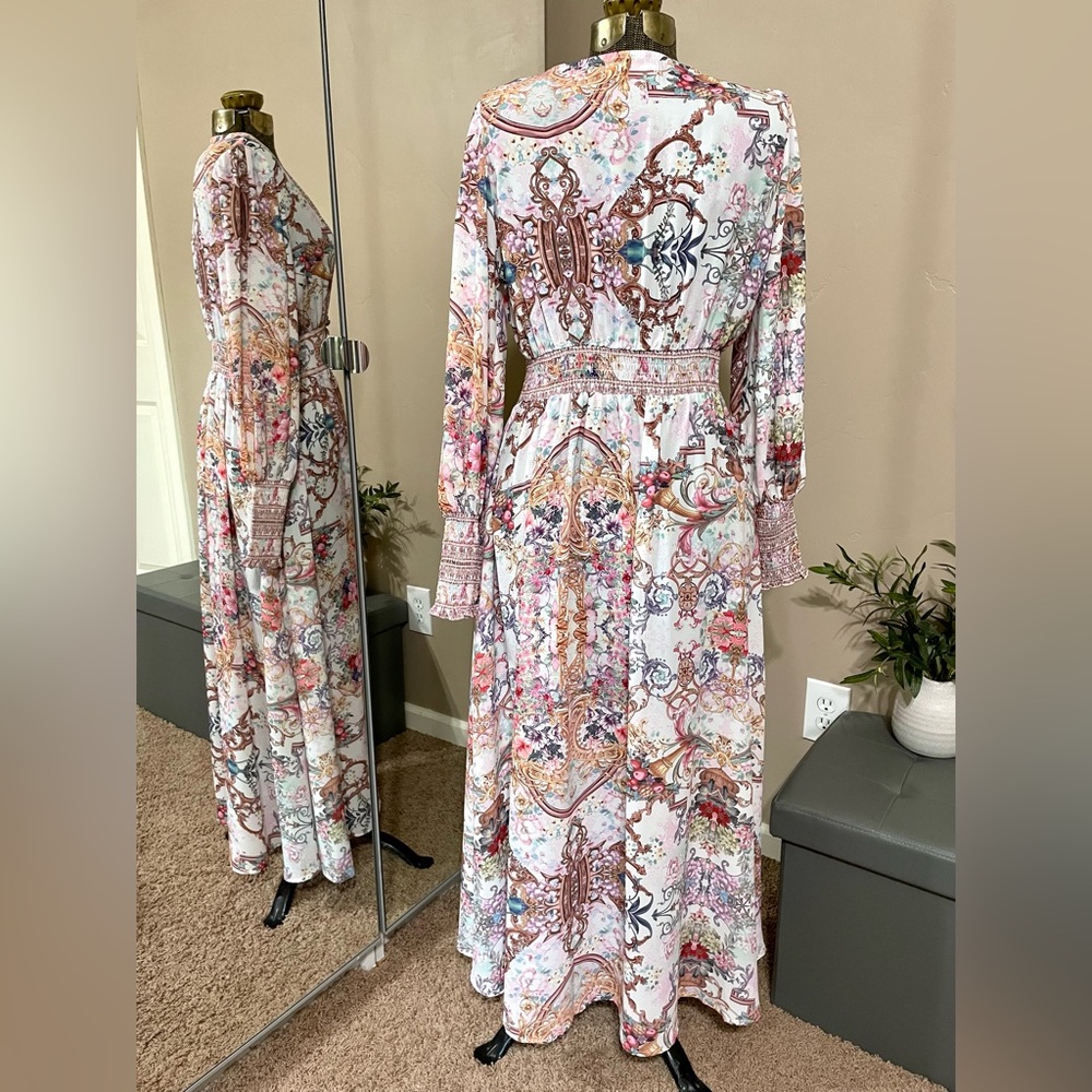 Boho Baroque Floral Maxi Dress Flowy Long Sleeve V Neck Scarf Print Cottagecore - Picture 4 of 15